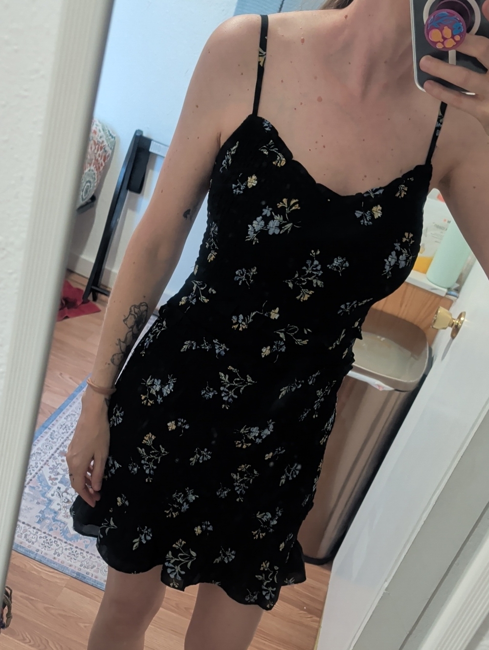 Abercrombie Small Tall Black Floral Slip Dress with Blue and Yellow Accents
